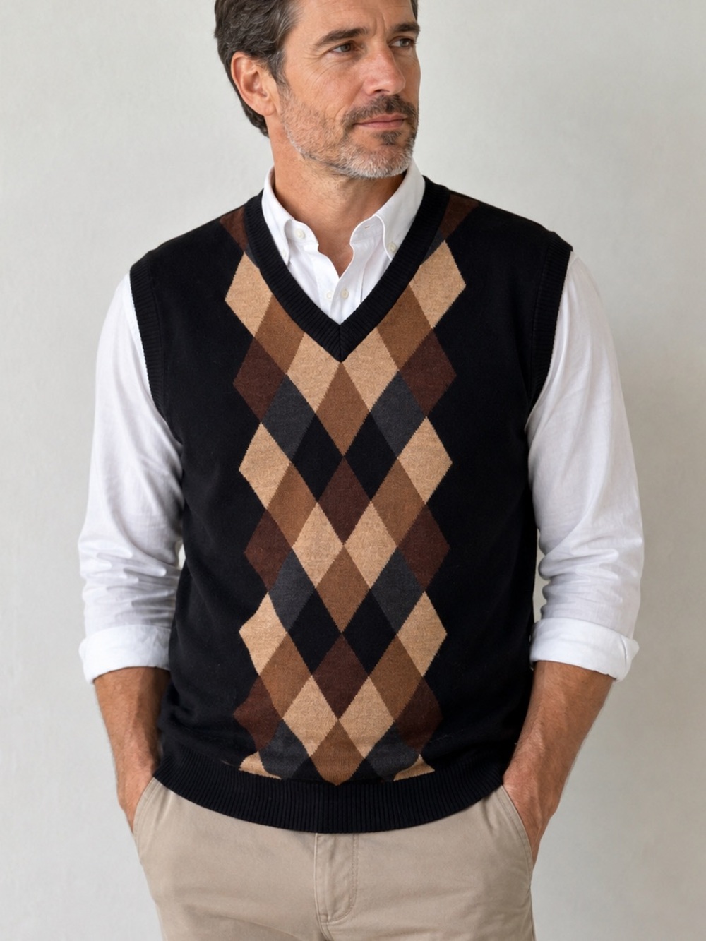 Turnbury Black Tan Brown Argyle V-Neck Sweater Vest Merino Wool Preppy Academia